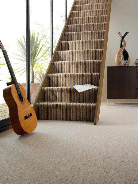 Striped carpet fitted as a stair runner above a plain oatmeal berber floor, with a guitar propped by the window.