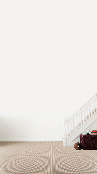 Fine-striped oatmeal loop-pile carpet across a hallway floor and up a white staircase.